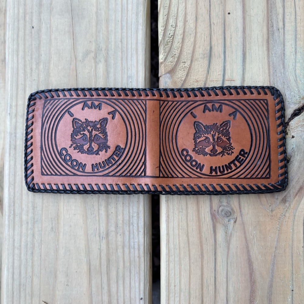 Vintage Handmade Leather Wallet Coon Hunting Bifold Hand Tooled Whipstitch USA